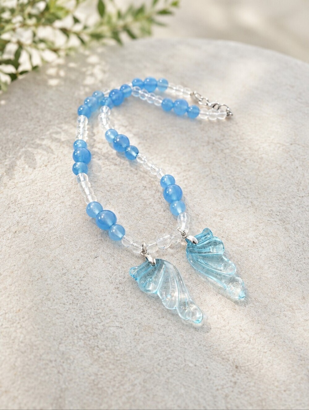 Handmade Blue Glass Wing Pendant Necklace 17 Inch Glass Bead Necklace